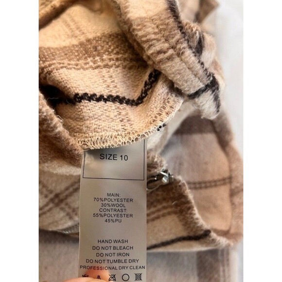 Maniere De Voir Jacket Womens 10 Brown Wool Plaid Zip Back Faux Leather Hooded - Picture 9 of 9